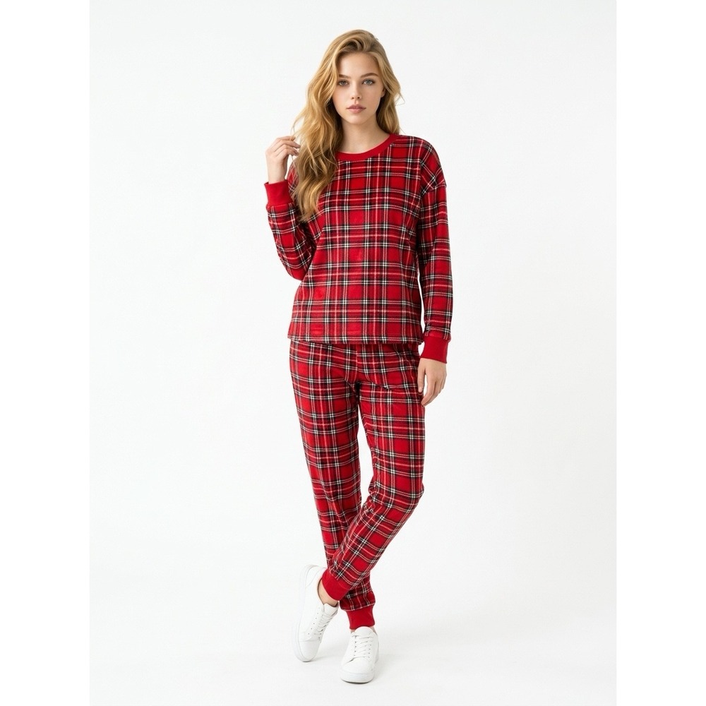 Joyspun Womens Red Plaid Pajama Set Long Sleeve Top and Joggers Size Medium 8-10